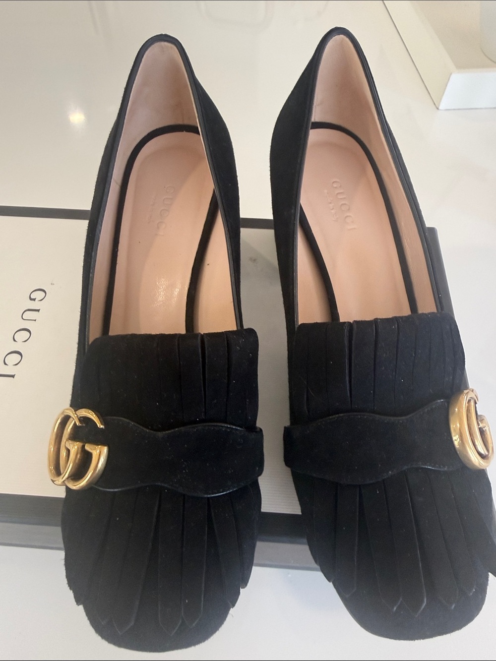 GUCCI  Marmount Black Suede Fringe Loafers with Gold GG